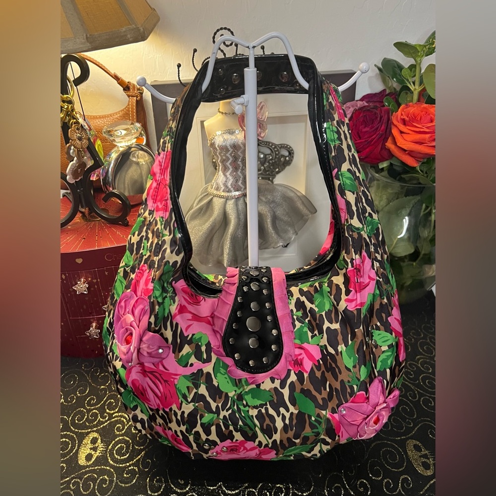 Betsey Johnson Betseyville Floral and Leopard Print Nylon Shoulder Bag
